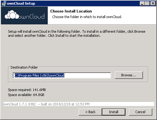 Ange vilken katalog du vill installera ownCloud klienten i windows