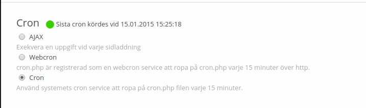 Välj att bakgrundsjobben i ownCloud ska köras via Cron