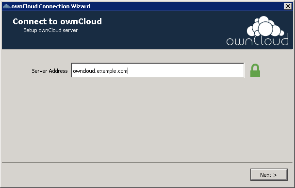 Börja med att ange adressen till din ownCloud server