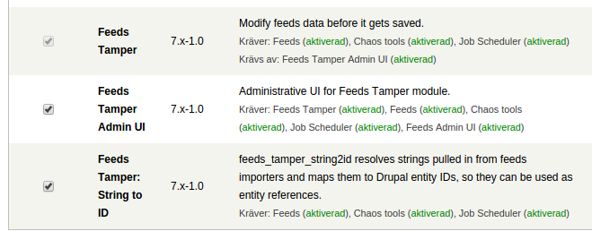Aktivera modulerna Feeds Tamper, och Feeds Tamper: String to ID
