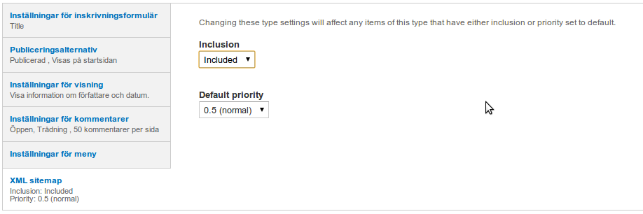 Inställningar för en innehållstyp