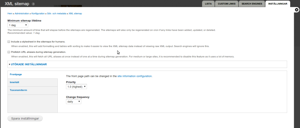 Inställningar för XML Sitemap