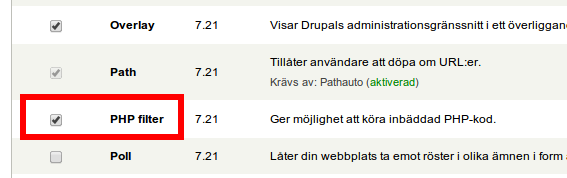 Aktivera PHP filter