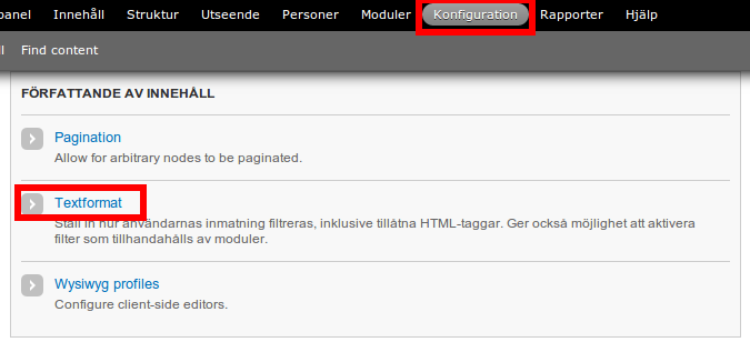 Gå till Konfiguration -> Textformat
