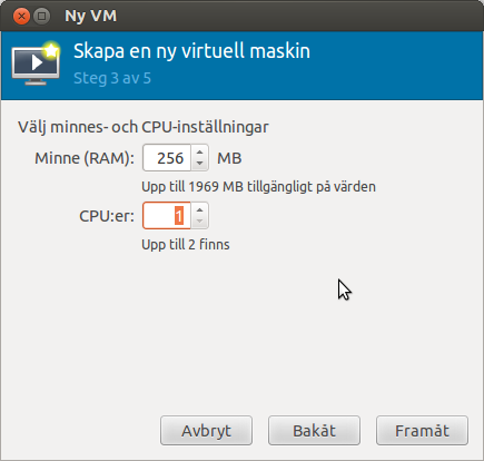 Välj hur mycket minne och hur många processorer den nya maskinen skall ha